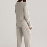 Muse Long PJs — Dusk: Relaxed-fit, long-sleeve taupe pajamas with white piping detail.