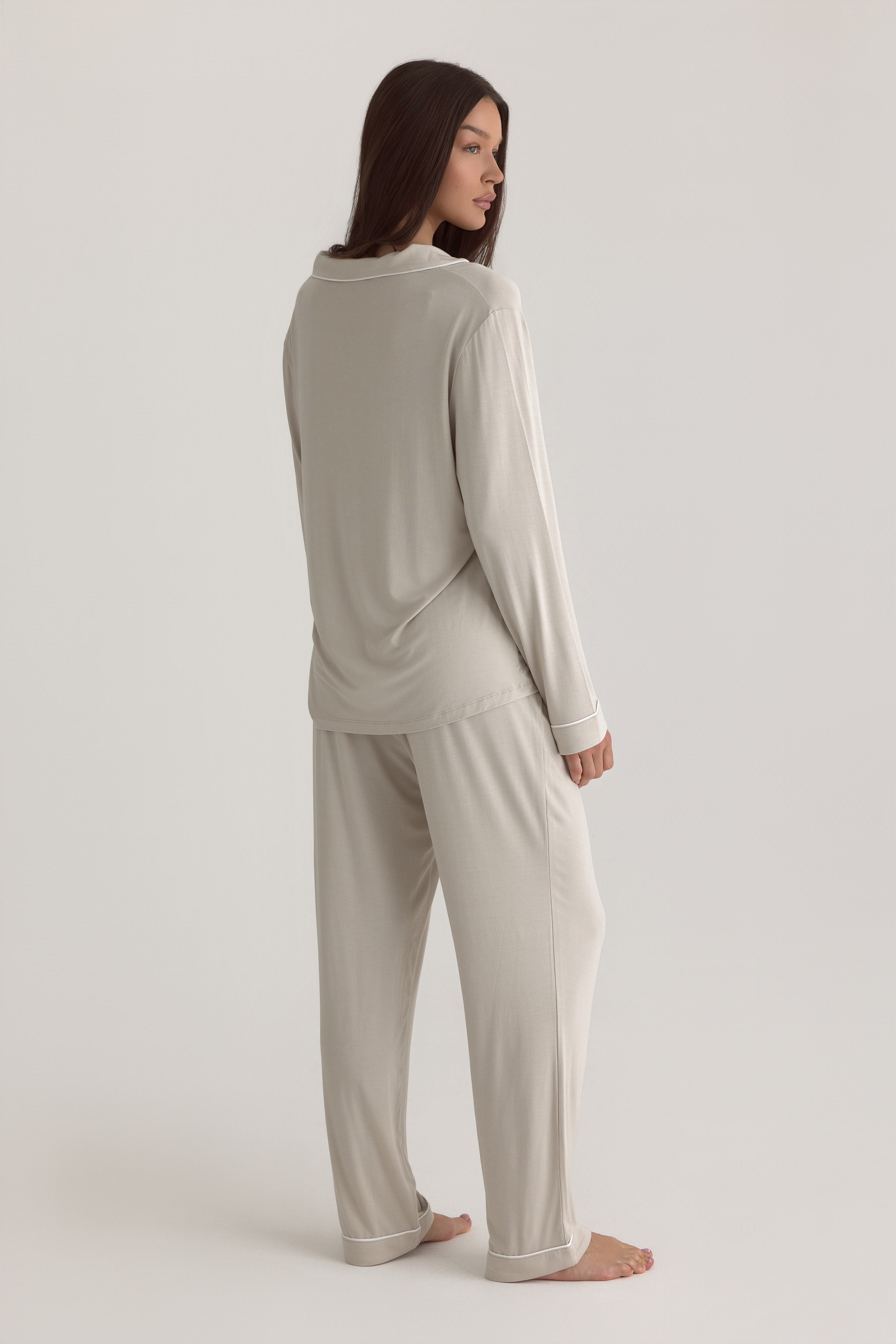 Muse Long PJs — Dusk: Relaxed-fit, long-sleeve taupe pajamas with white piping detail.