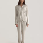 Muse Long PJs — Dusk:  Women's beige long-sleeve pajama set with white piping detail.
