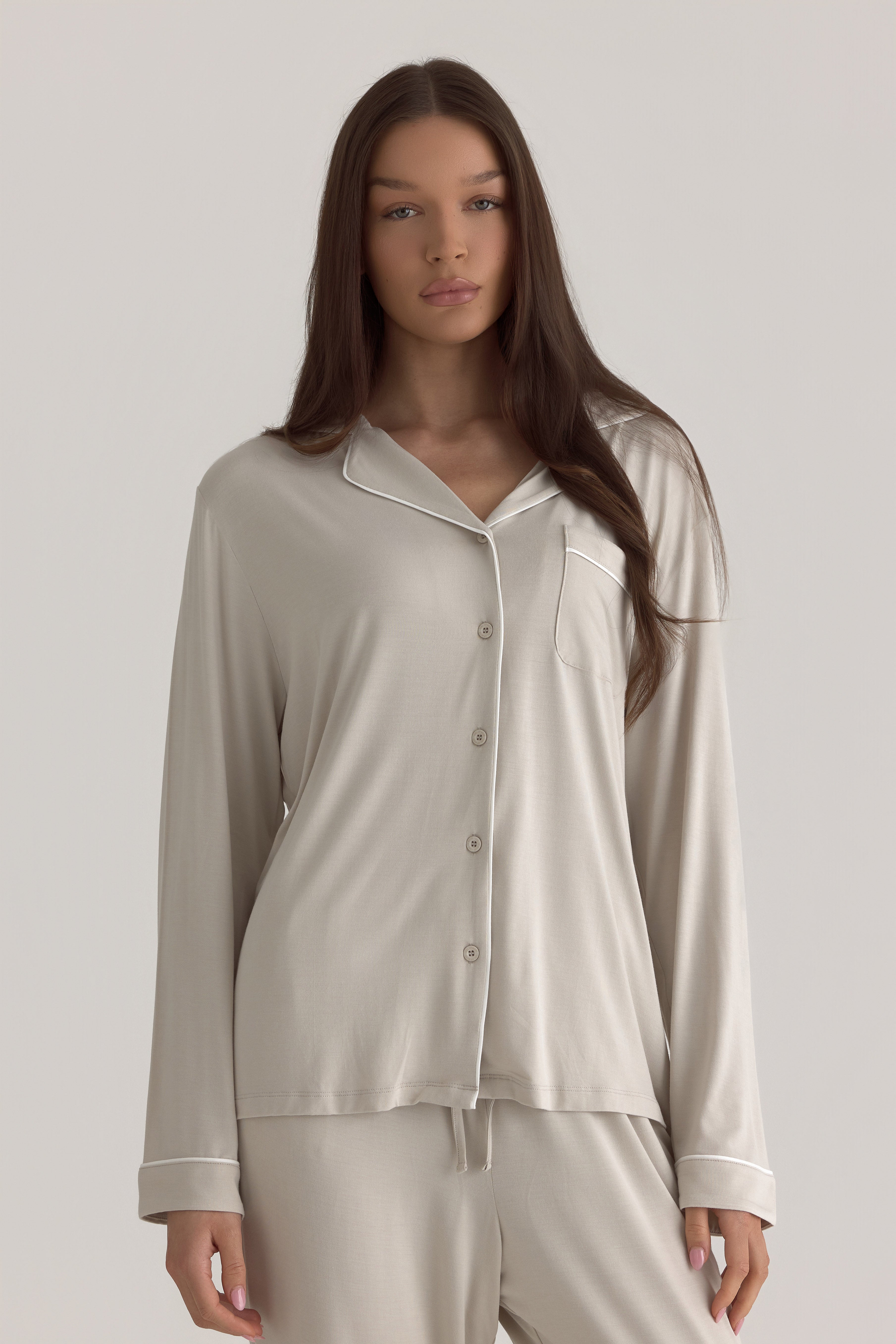 Muse Long PJs — Dusk: Relaxed-fit, long-sleeve beige pajama set with white piping detail.