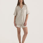Muse Short PJs — Dusk:  Beige short sleeve pajama set with white piping detail.