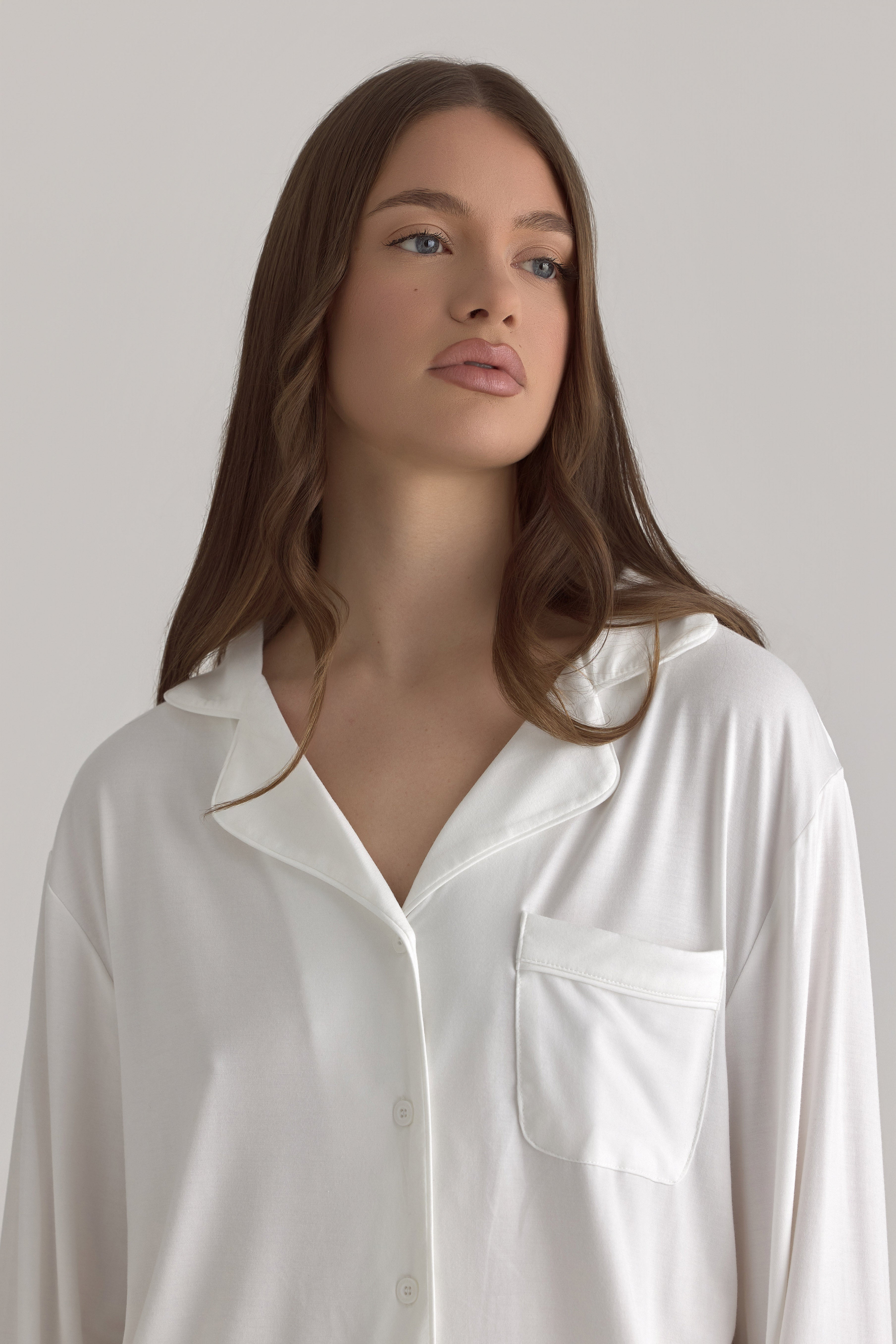 Muse Long PJs — Morning Mist: Woman in white long-sleeve pajama top