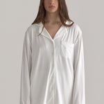 Muse Long PJs — Morning Mist: Woman in comfortable white pajama set