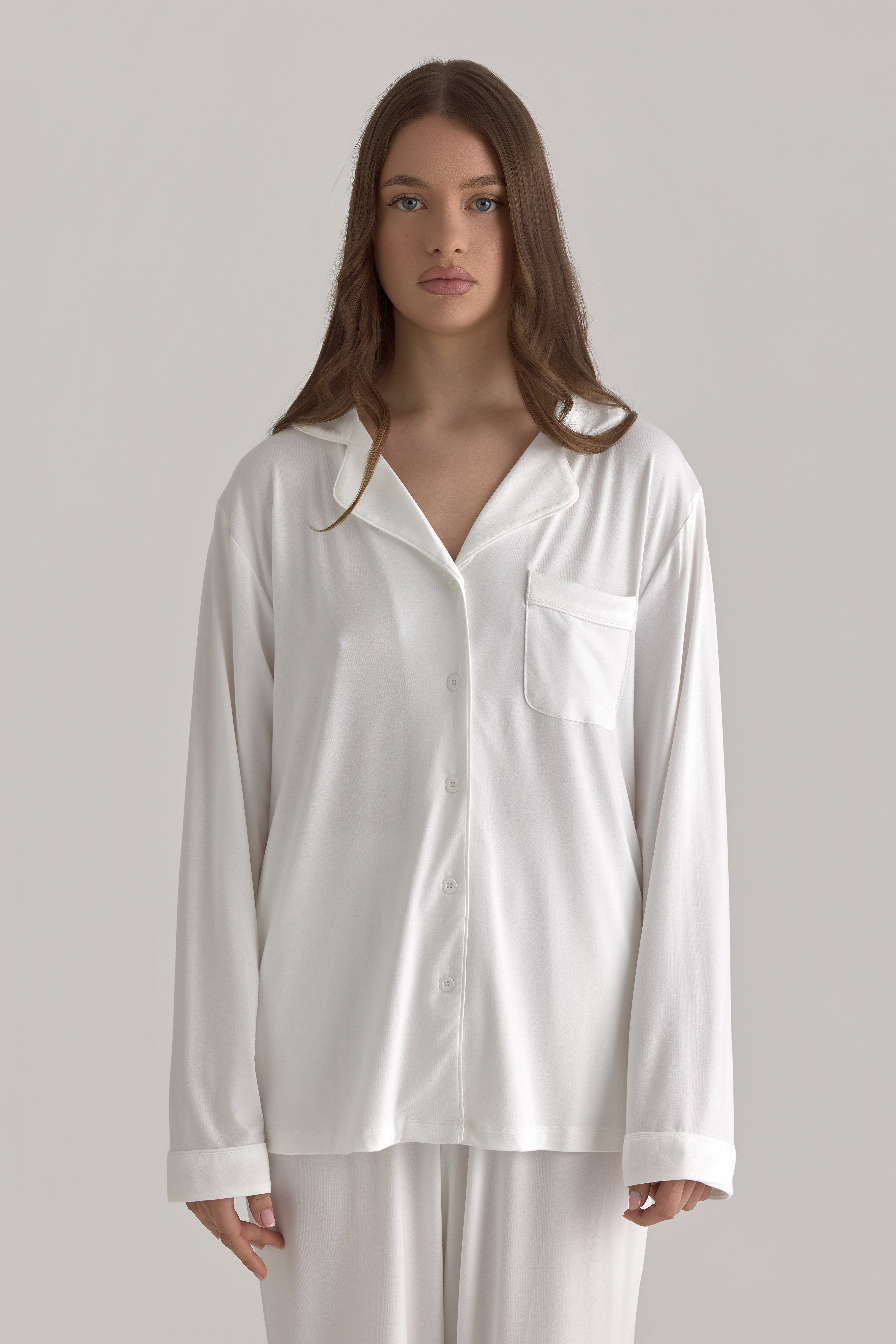 Muse Long PJs — Morning Mist: Woman in comfortable white pajama set