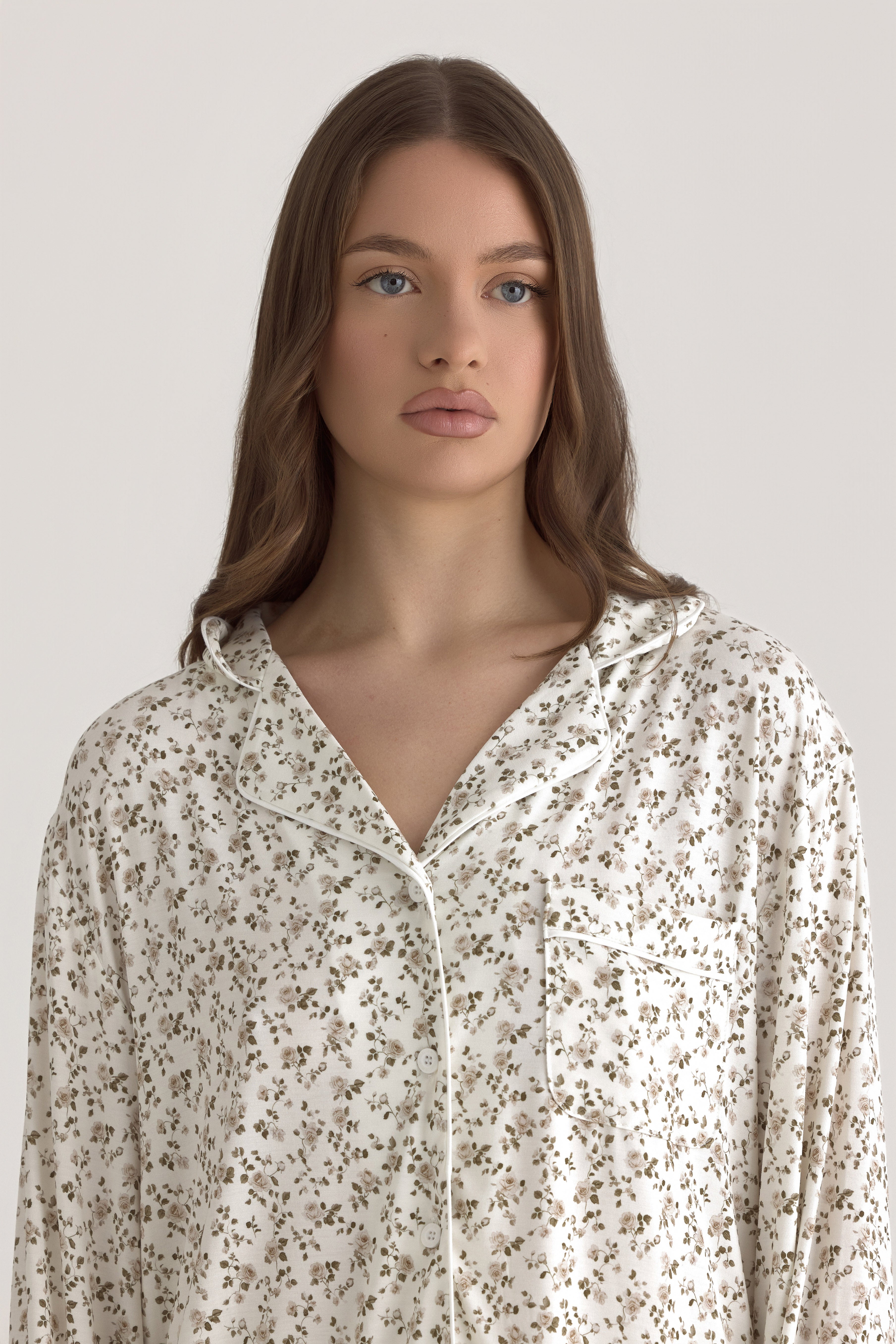 Muse Long PJs — Rose Garden: Women's white pajama set with a delicate rose floral print.