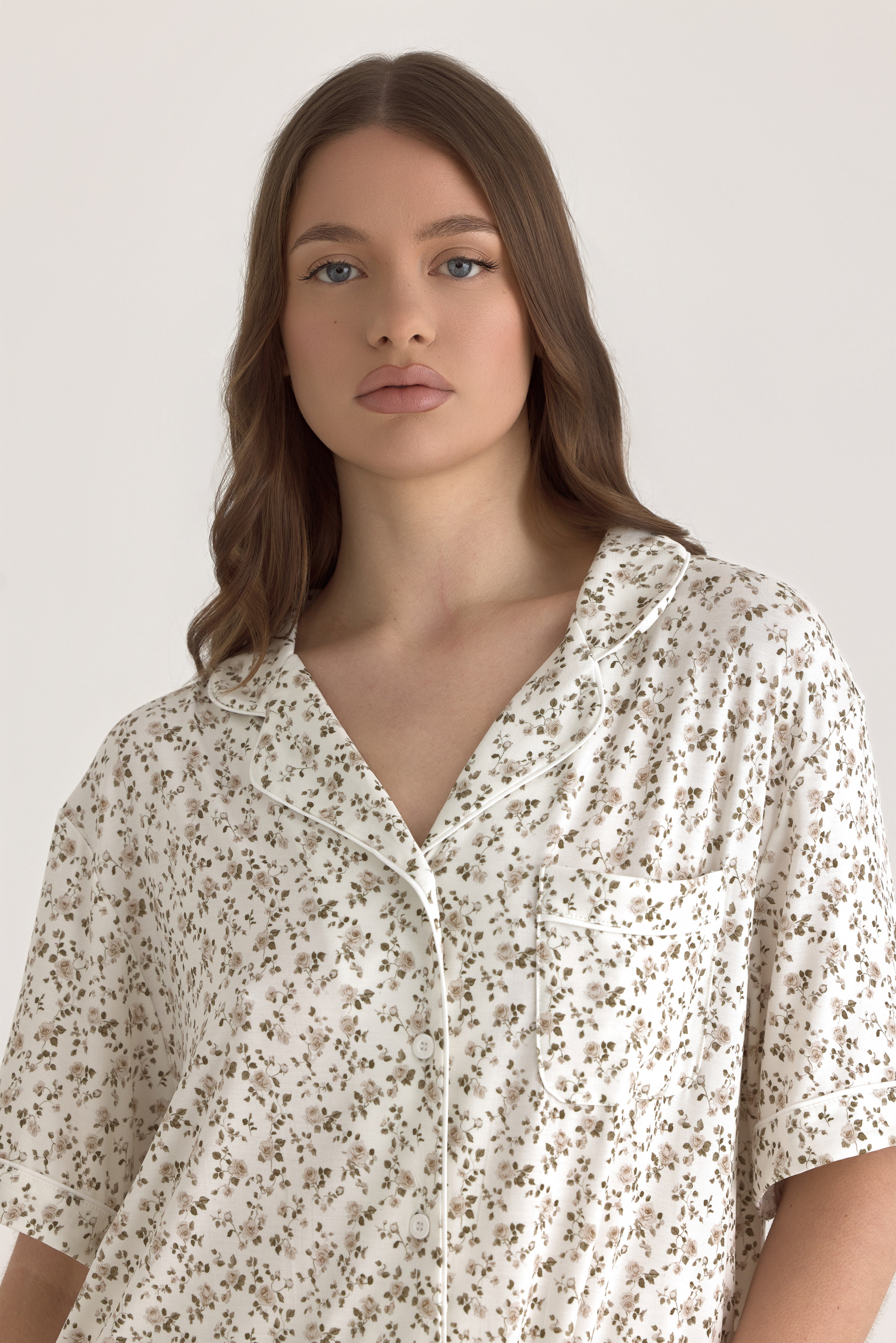 Muse Short PJs — Rose Garden: Women's short sleeve pajama top, white with delicate rose floral print