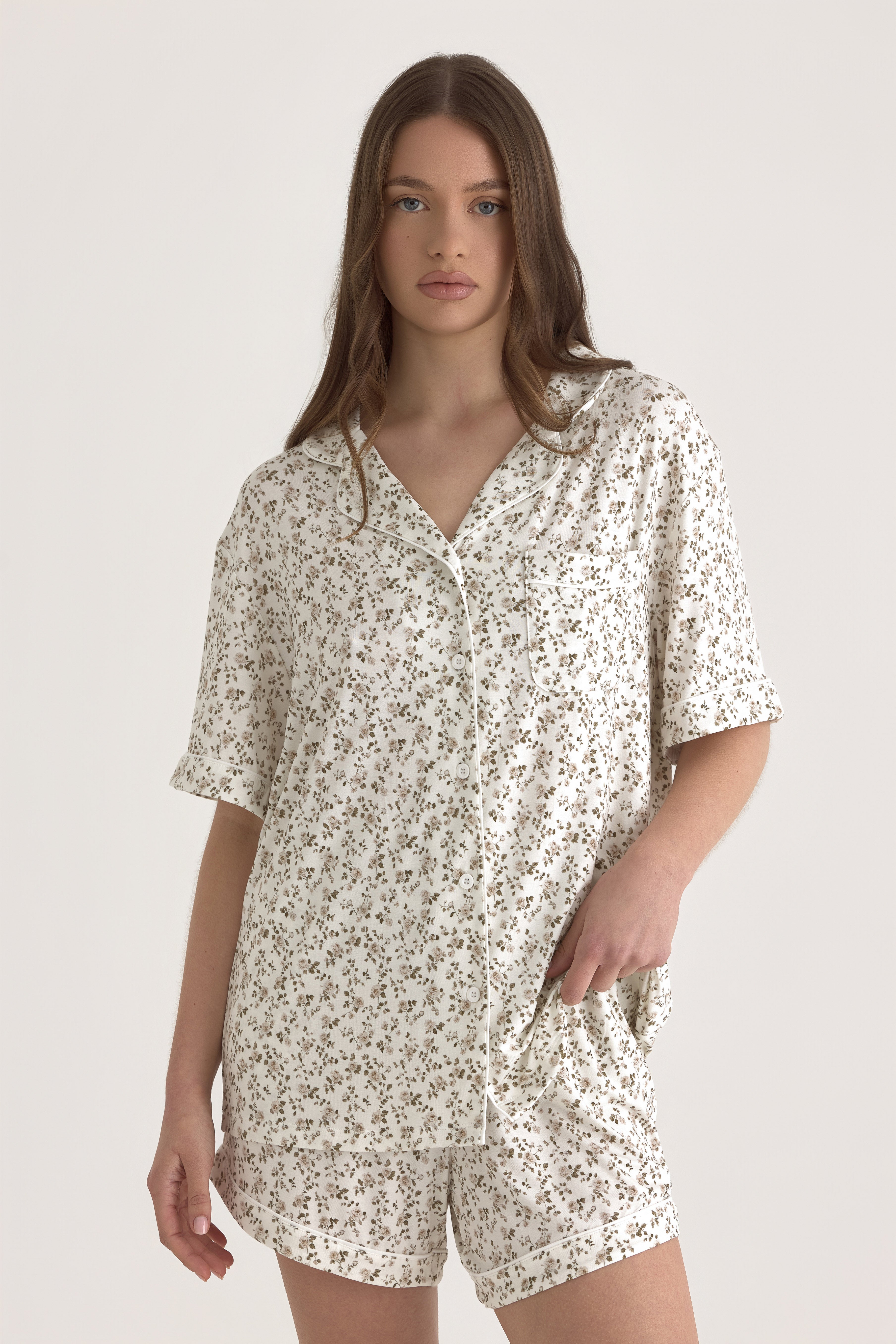 Muse Short PJs — Rose Garden: Women's short sleeve pajama set in a delicate rose garden print. Features a collared shirt and matching shorts.