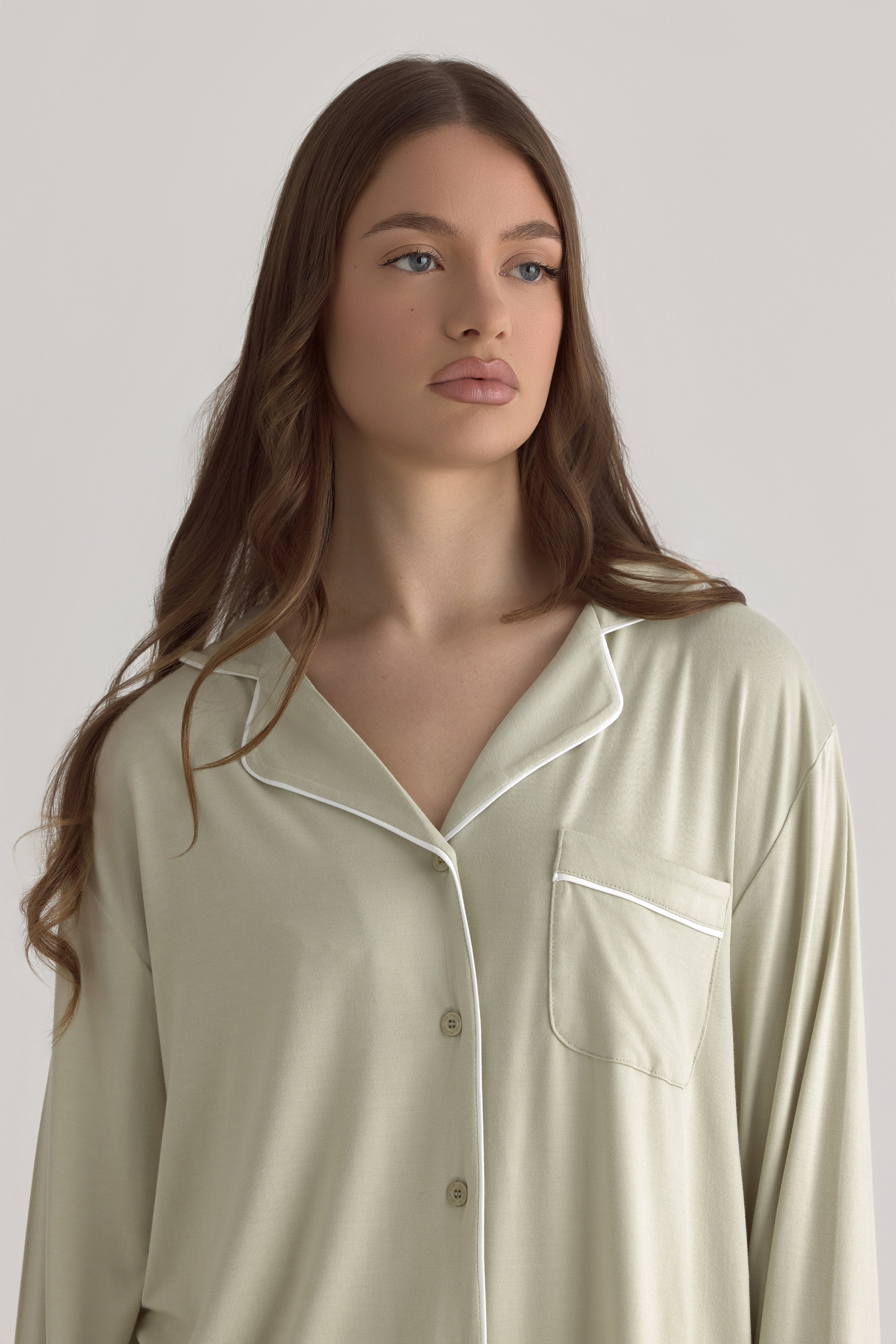 Muse Long PJs in Soft Sage: Comfortable, long-sleeved pajama set in a soft sage green.