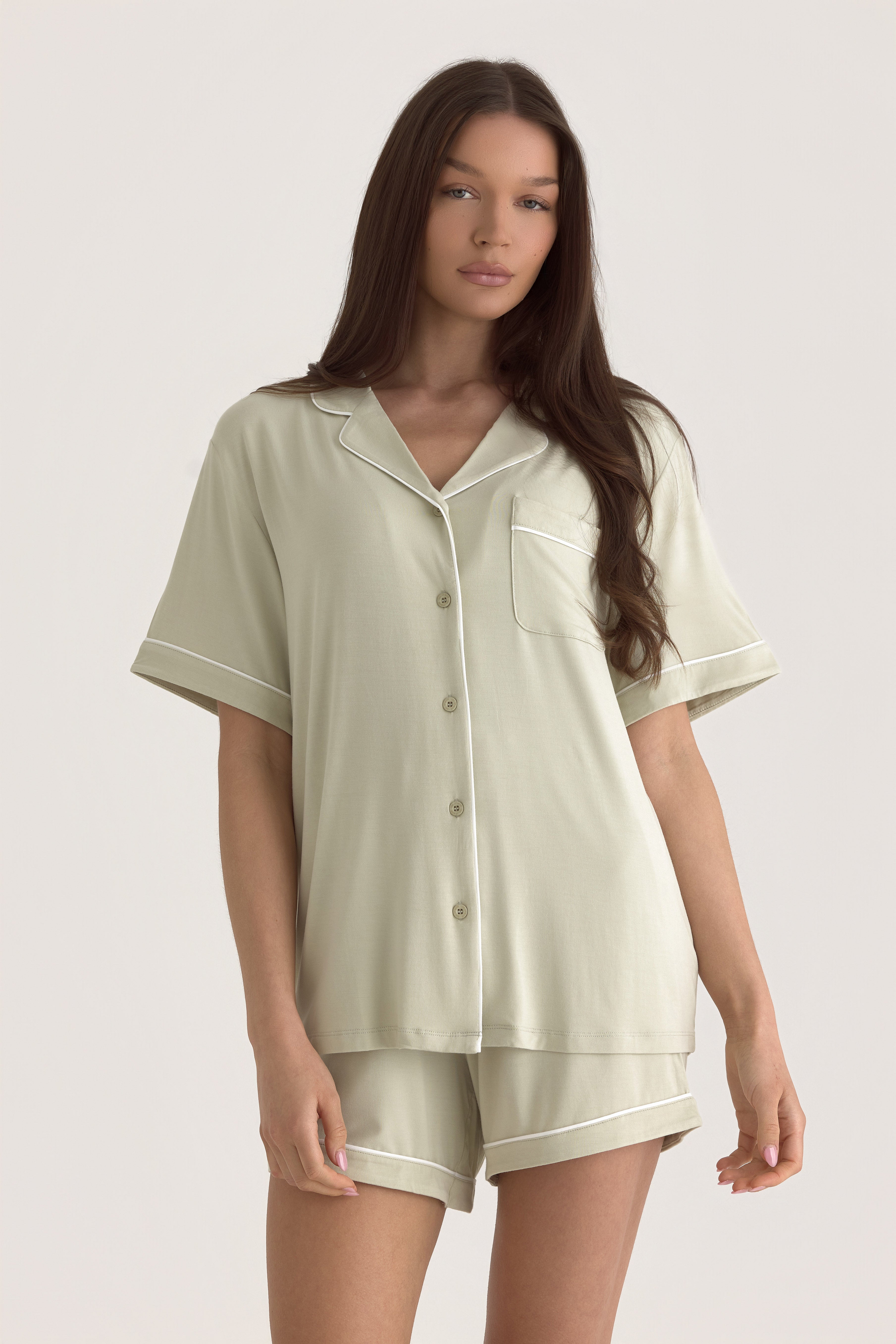 Muse Short PJs in Soft Sage: Women's short sleeve pajama top and shorts set in a calming sage green.