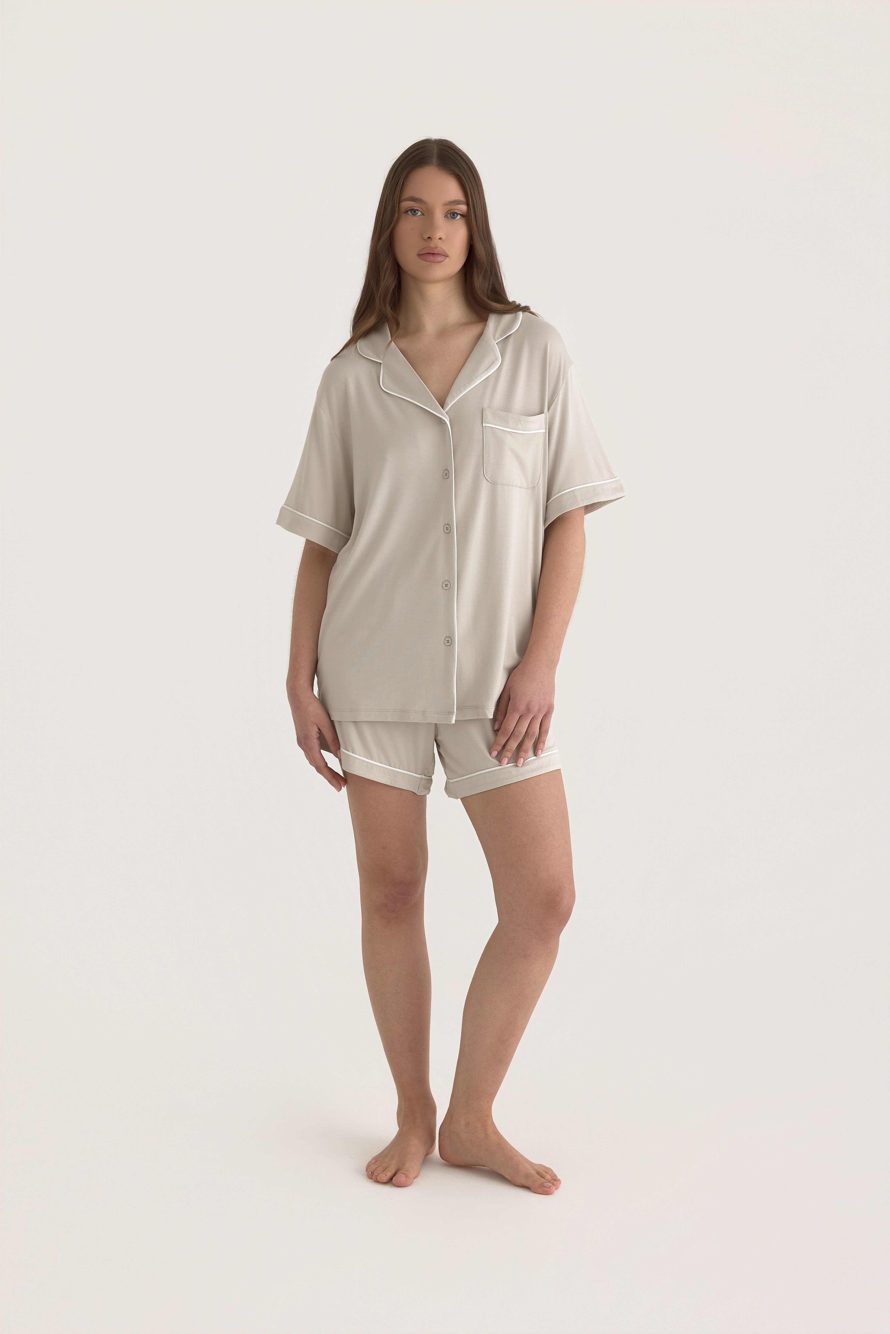 Muse Short PJs — Dusk:  Beige short sleeve pajama set with white piping detail.
