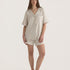 Muse Short PJs — Dusk:  Beige short sleeve pajama set with white piping detail.
