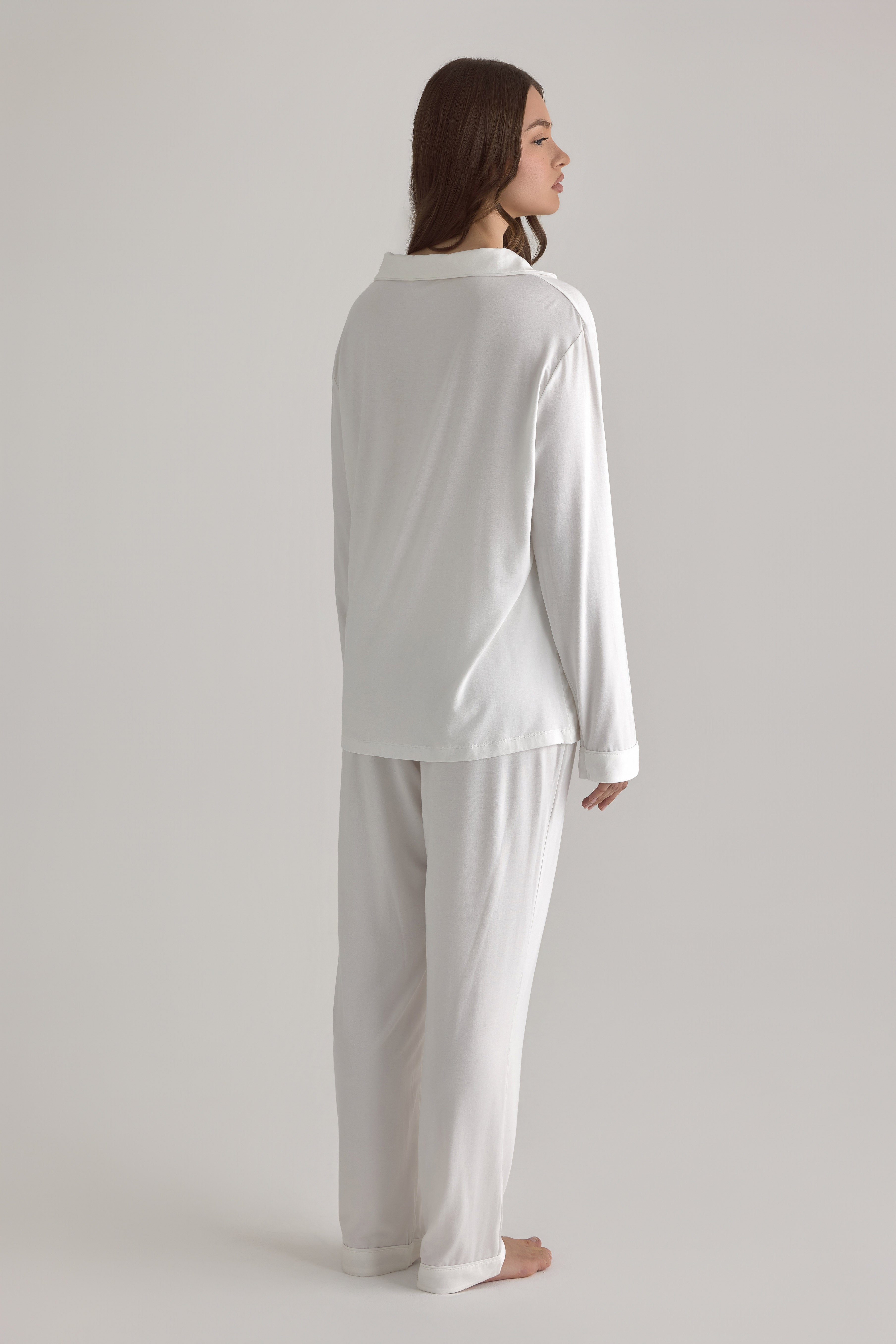 Muse Long PJs — Morning Mist: Women's white long-sleeve pajama set, relaxed fit