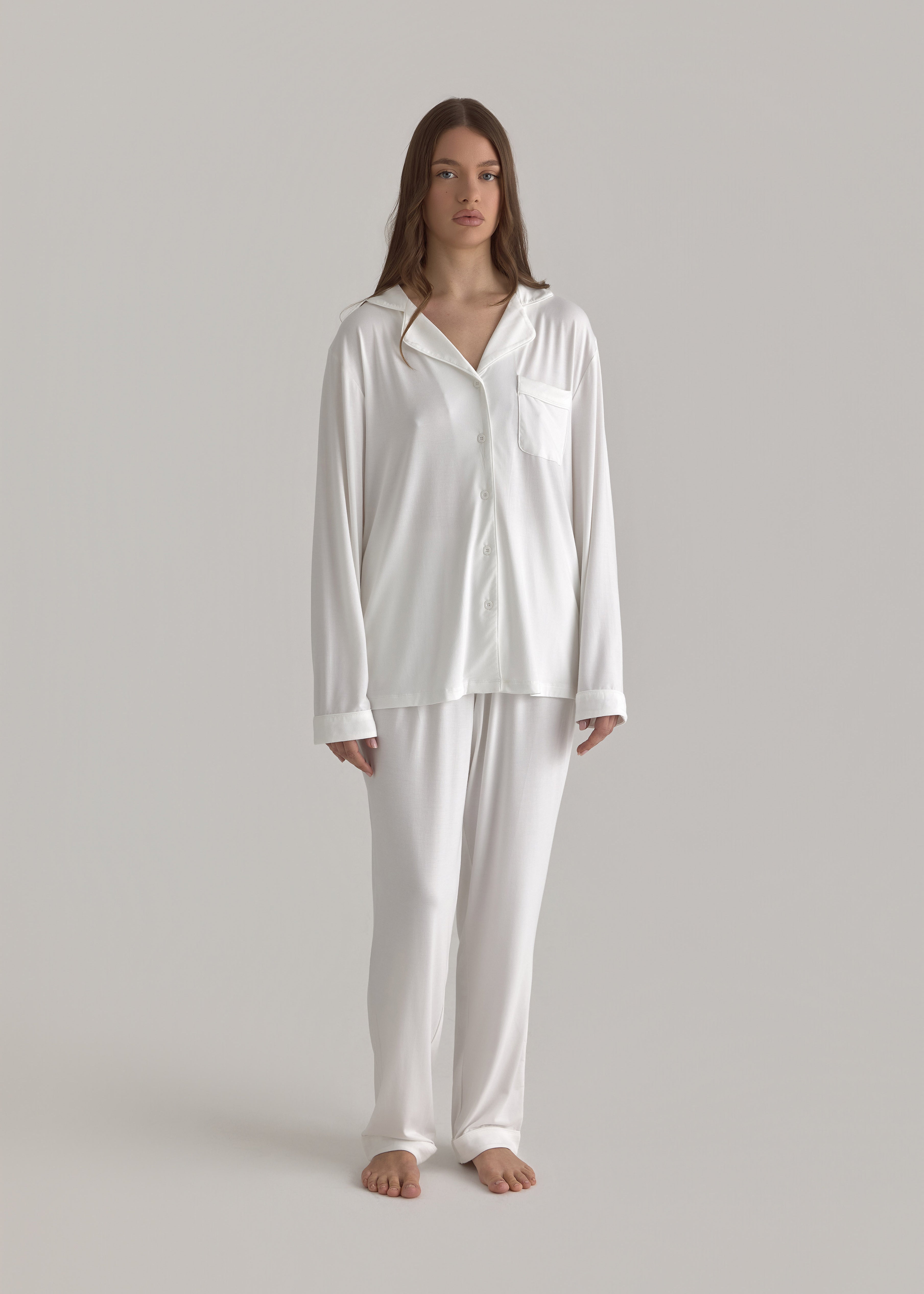Muse Long PJs — Morning Mist: Women's white long-sleeve pajama set with pants.