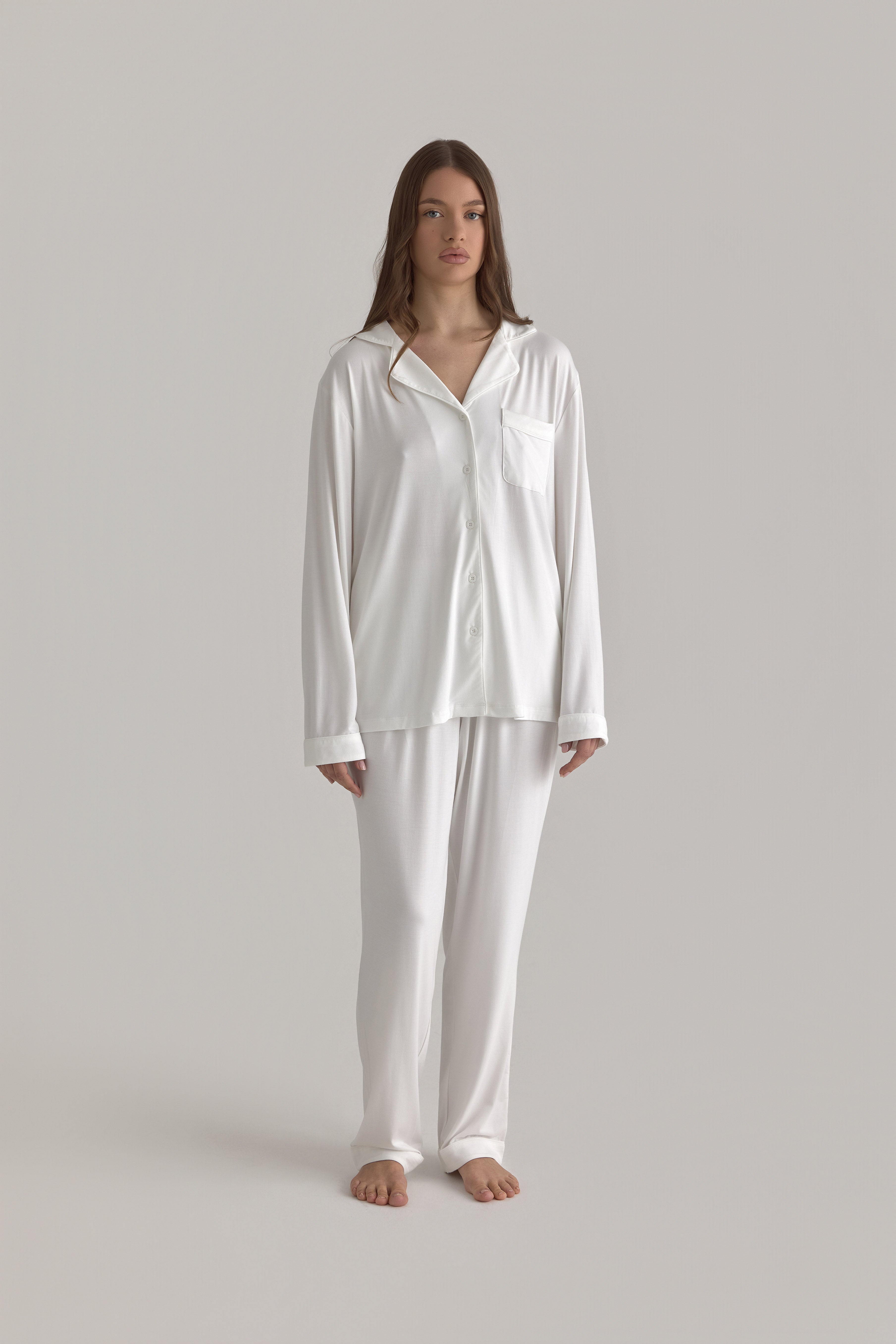 Muse Long PJs — Morning Mist: Women's white long-sleeve pajama set with pants.