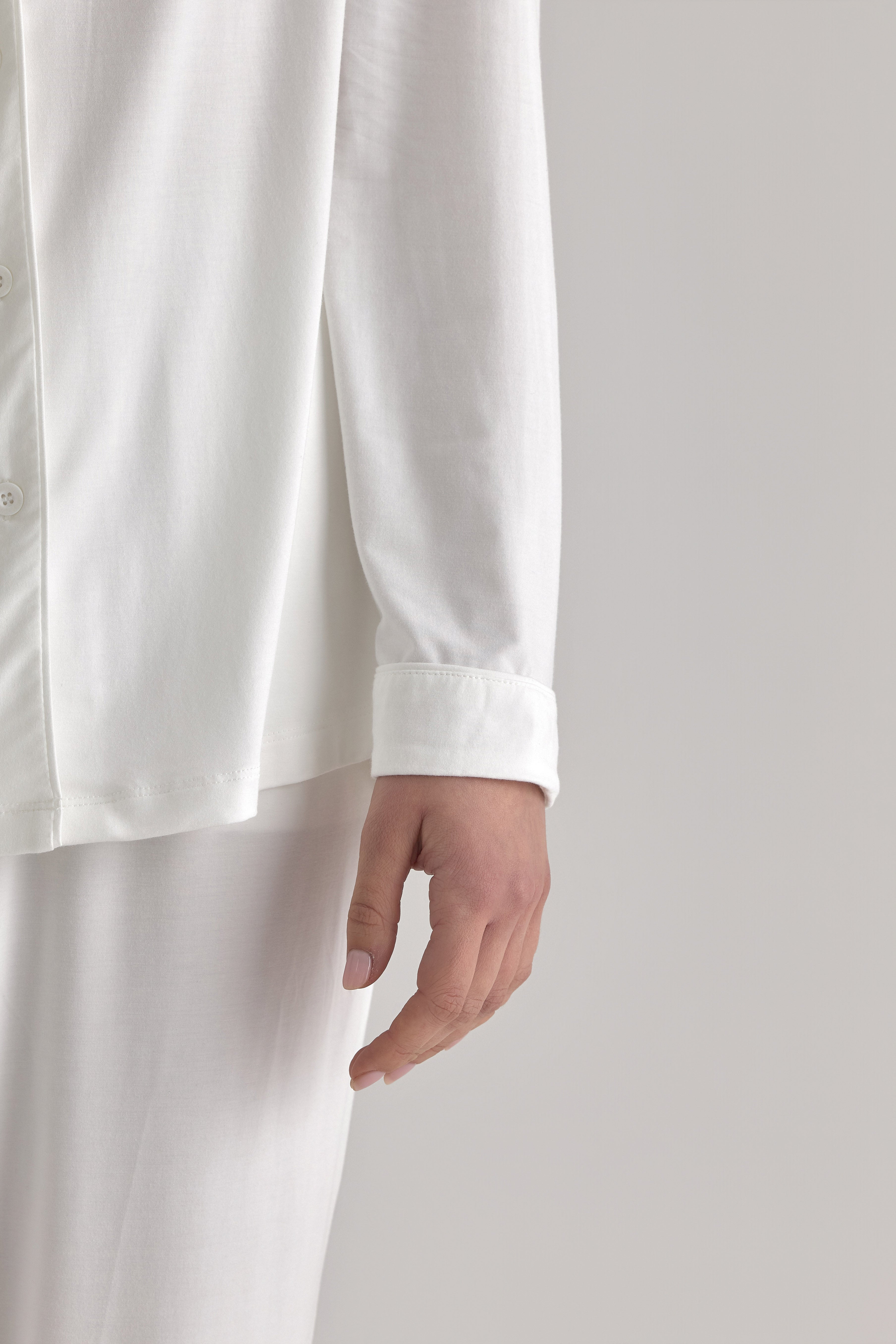 Muse Long PJs — Morning Mist: Comfortable white pajama set with long sleeves and pants.