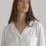 Muse Long PJs — Morning Mist: Woman in white long-sleeve pajama top