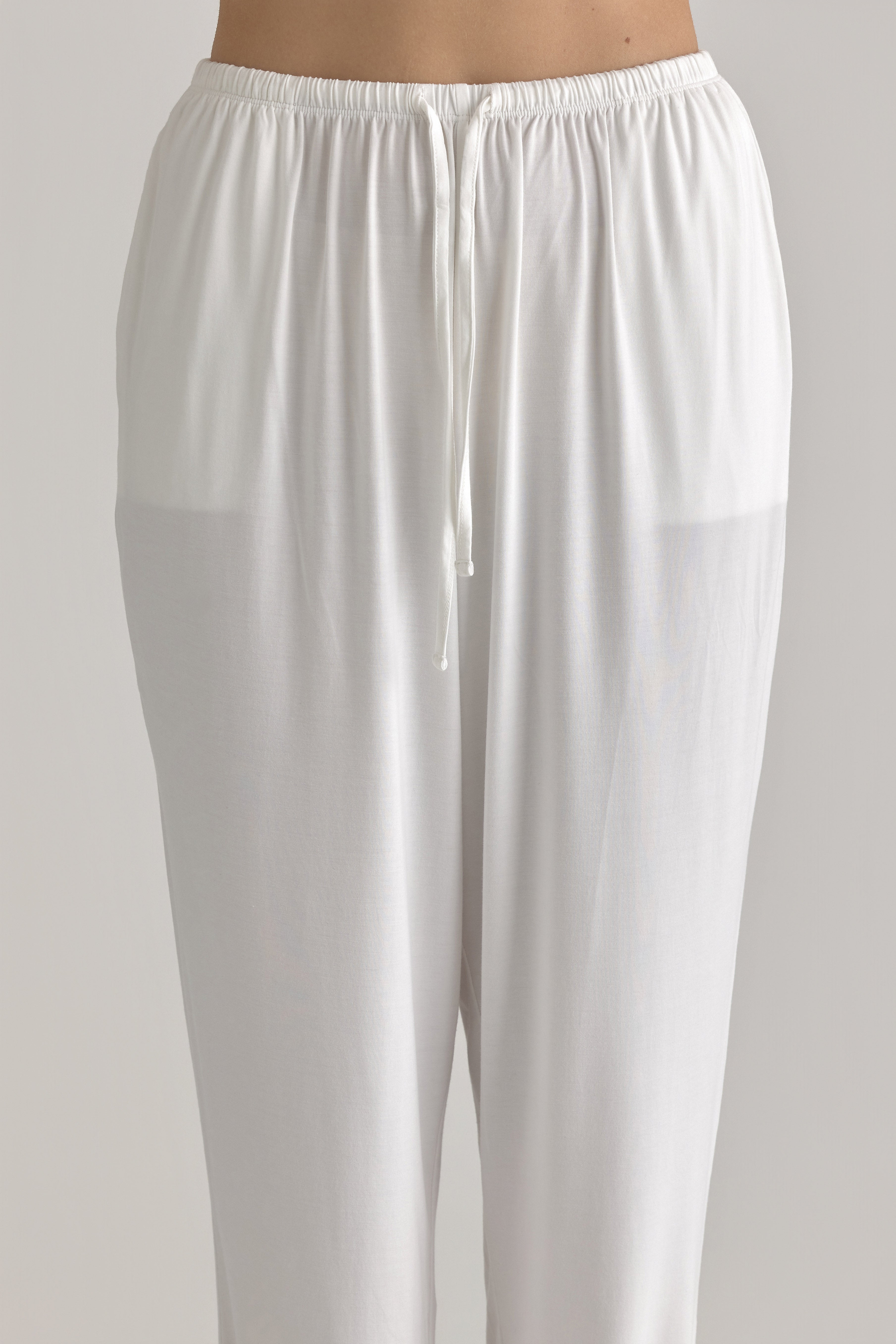 Muse Long PJs — Morning Mist: White women's pajama pants with drawstring waist.