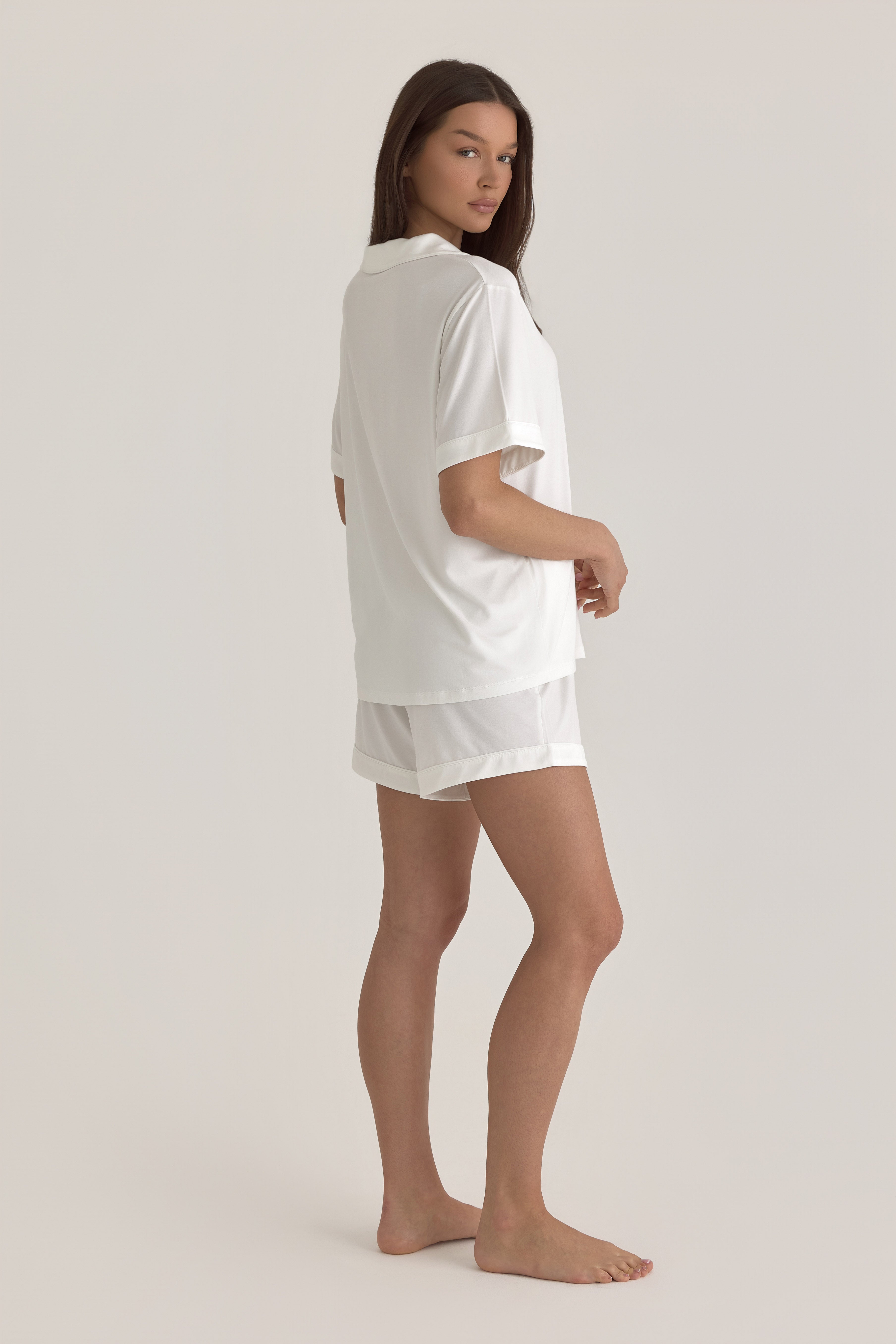 Muse Short PJs — Morning Mist: Women's white short sleeve pajama top and shorts set in soft, luxurious fabric.