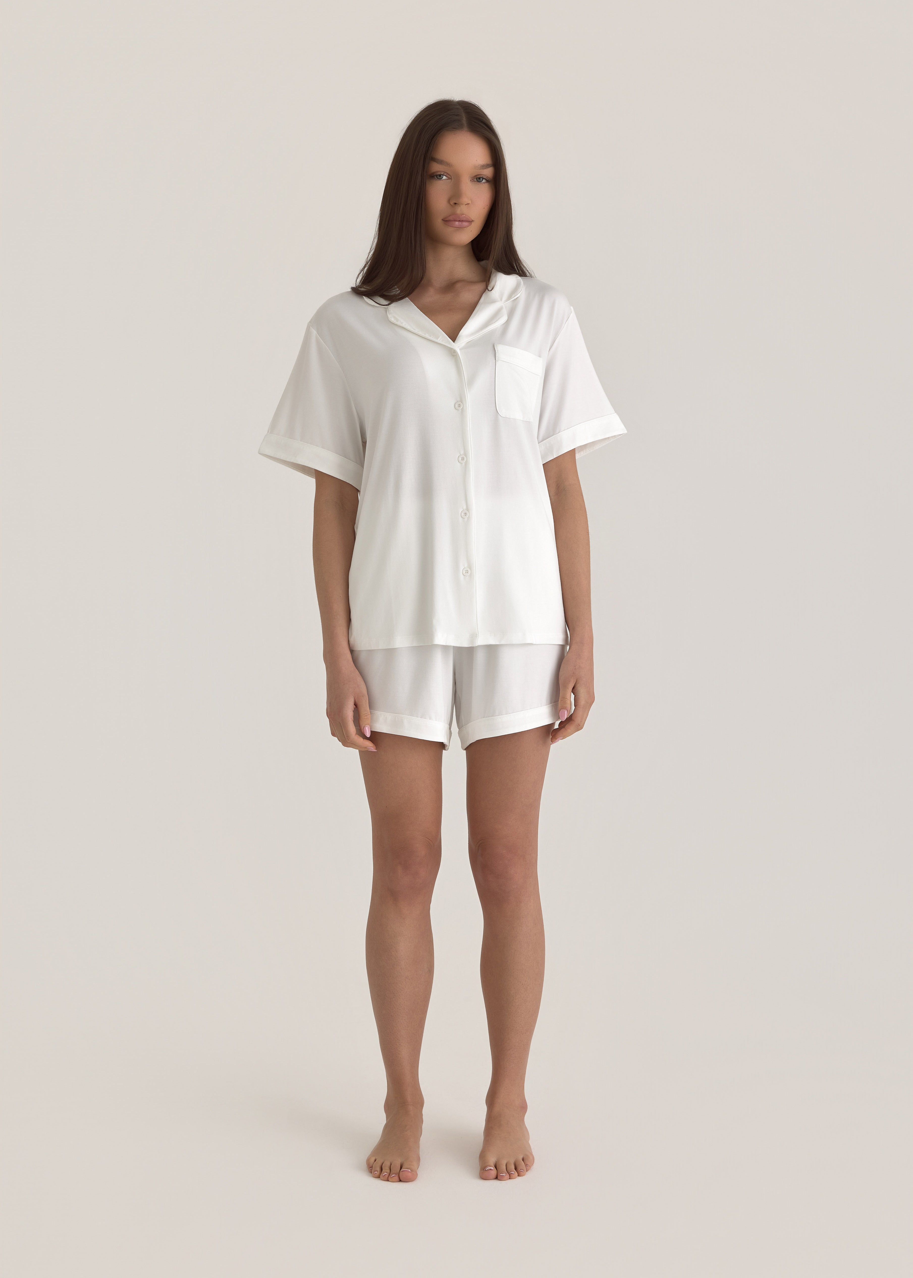 Muse Short PJs — Morning Mist: Women's white short-sleeve pajama set. Comfortable and stylish sleepwear.