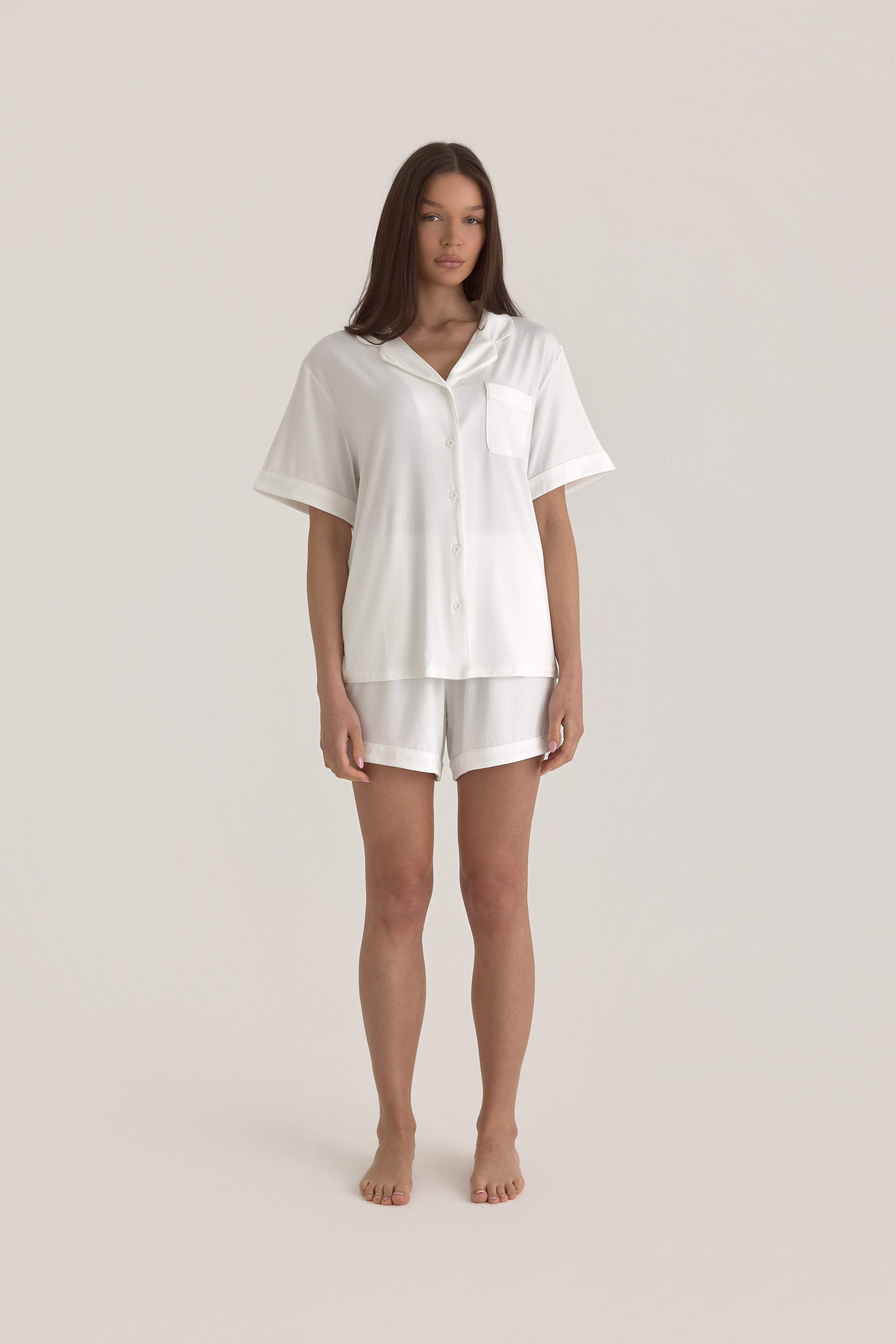 Muse Short PJs — Morning Mist: Women's white short-sleeve pajama set. Comfortable and stylish sleepwear.