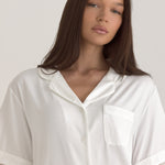 Muse Short PJs — Morning Mist: Women's white short-sleeve pajama set with collared top and button closure.