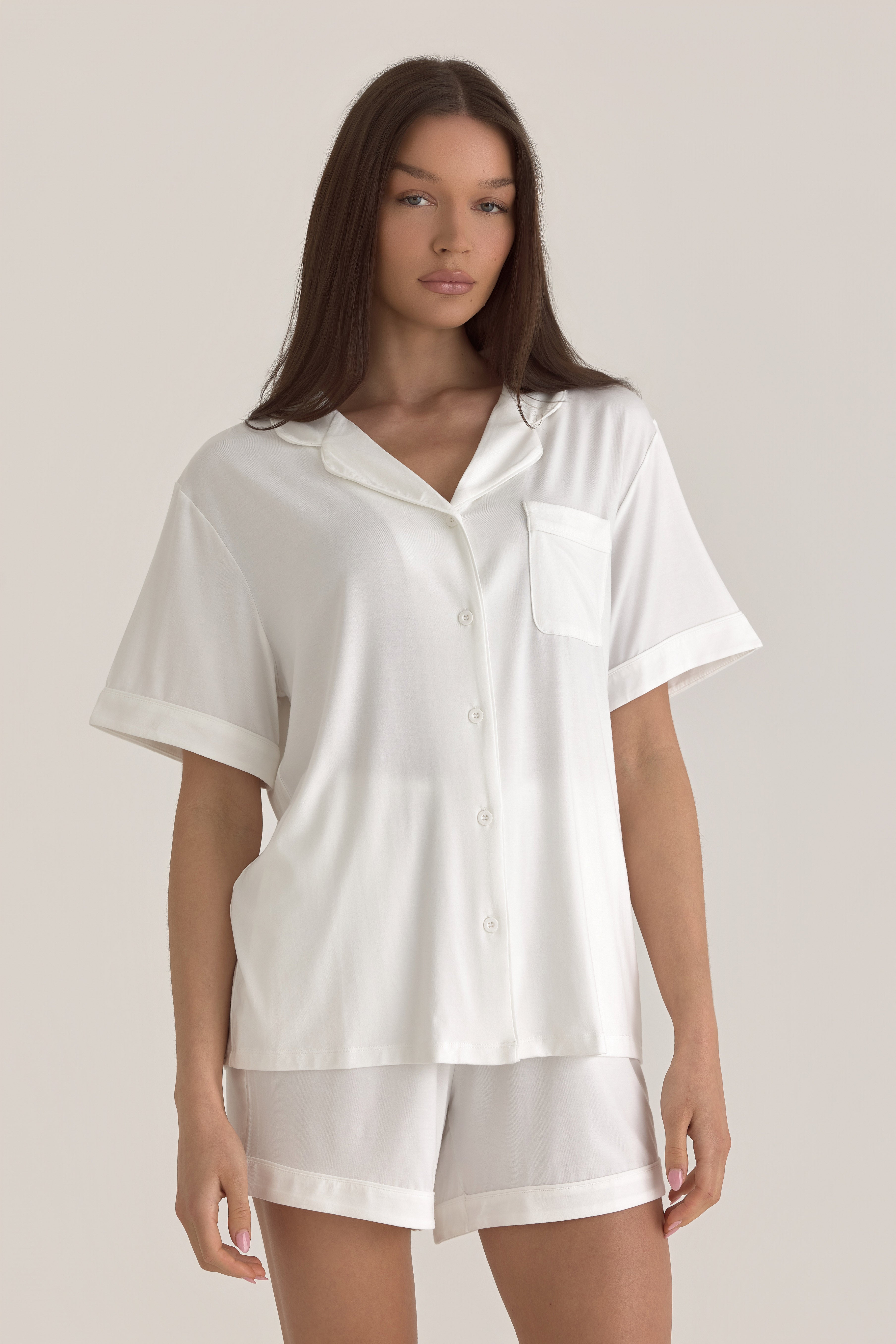 Muse Short PJs — Morning Mist: Women's white short sleeve pajama set