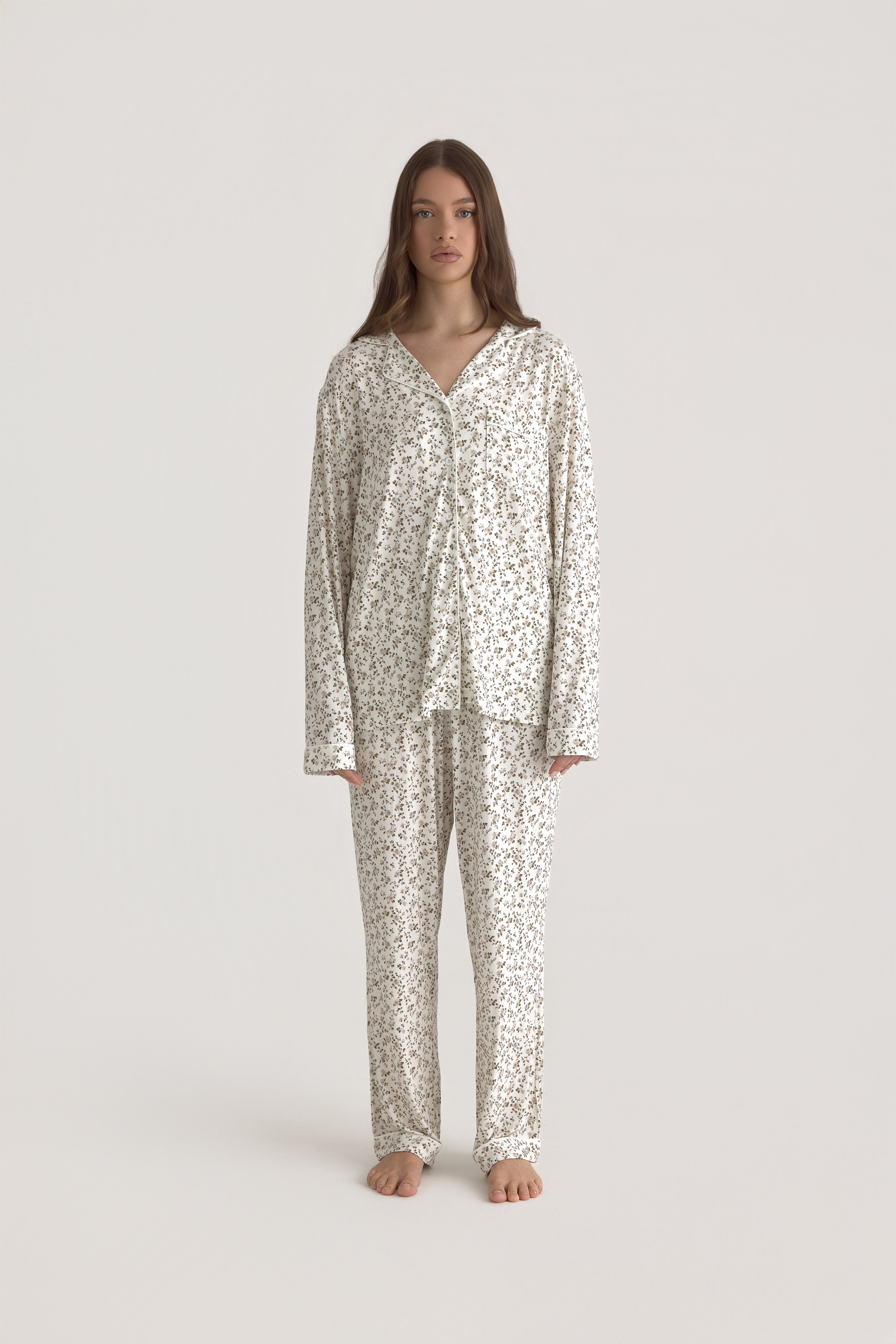 Muse Long PJs — Rose Garden: Women's floral pajama set in a delicate rose garden print. Features a collared shirt and comfortable pants.