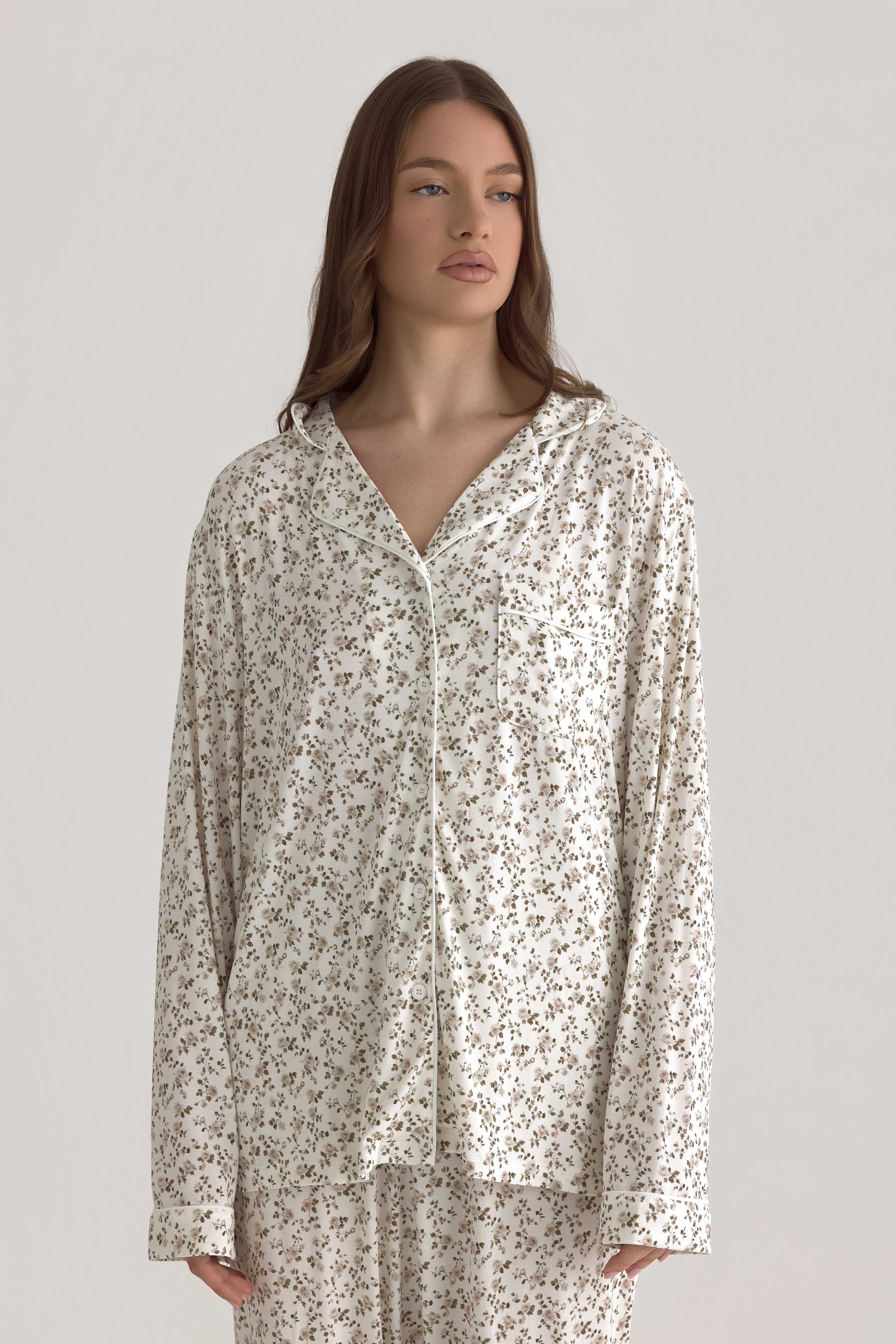 Muse Long PJs — Rose Garden: Women's long sleeve pajama set in a delicate rose garden print.  Features a collared shirt and matching pants.
