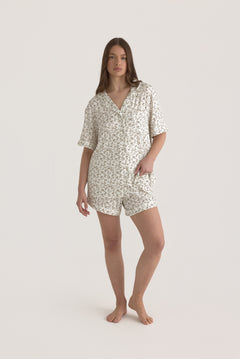 Muse Short PJs — Rose Garden: Women's floral pajama set, featuring a short-sleeved button-down top and coordinating shorts.