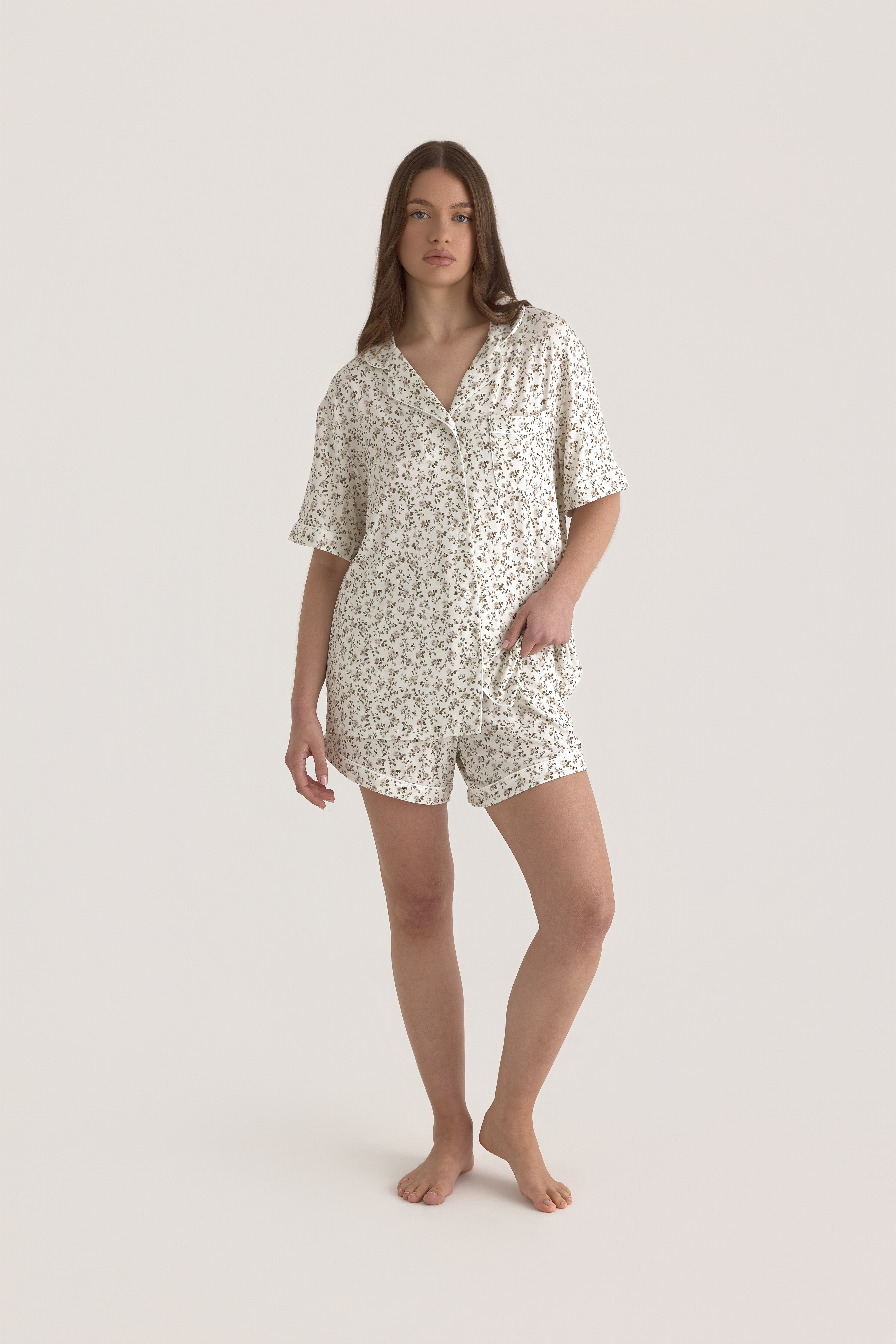Muse Short PJs — Rose Garden: Women's floral pajama set, featuring a short-sleeved button-down top and coordinating shorts.