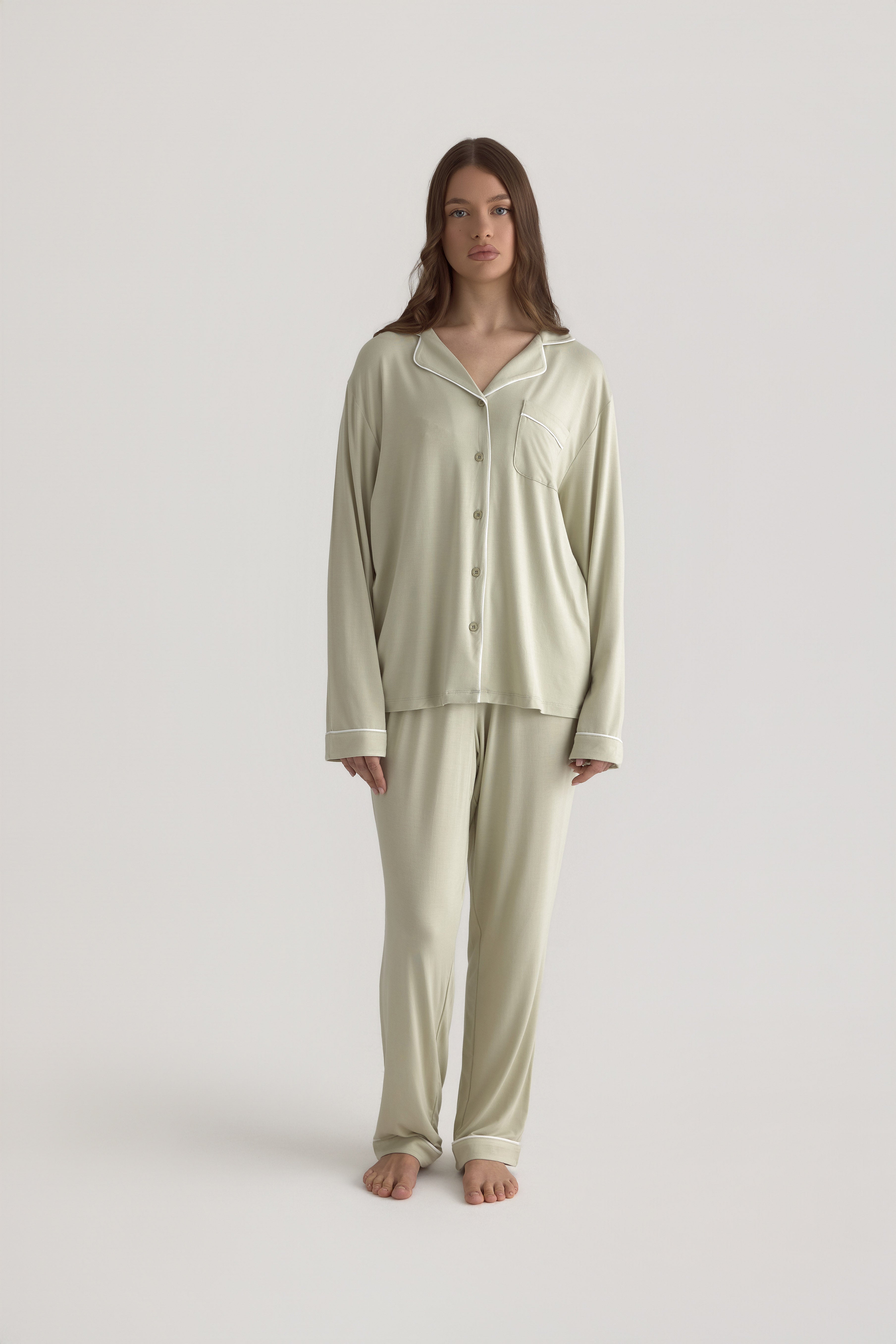 Muse Long PJs in Soft Sage: Comfortable women's pajama set featuring a long-sleeve top and pants.